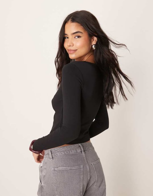 ASOS DESIGN sweetheart long sleeve top with ruching detail in black - Image 2