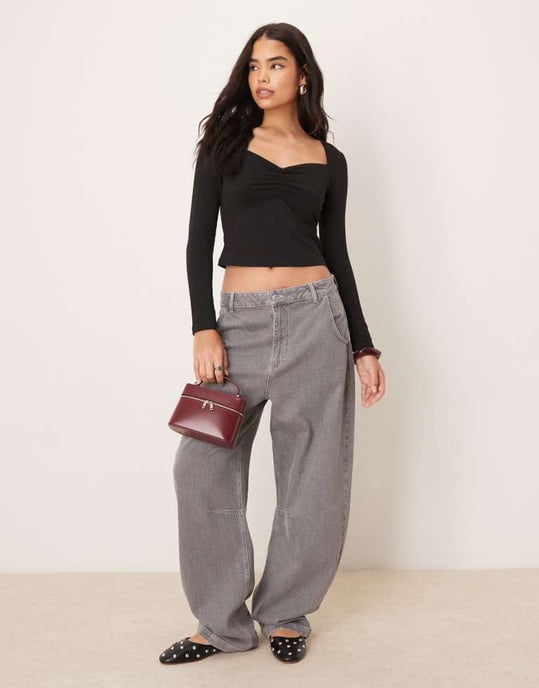 ASOS DESIGN sweetheart long sleeve top with ruching detail in black - Image 4