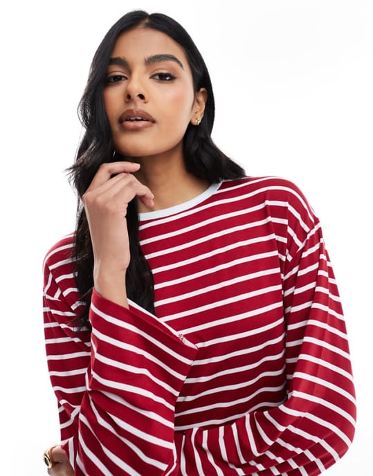 ASOS DESIGN long sleeve stripe contrast neck trim top in red - Image 1