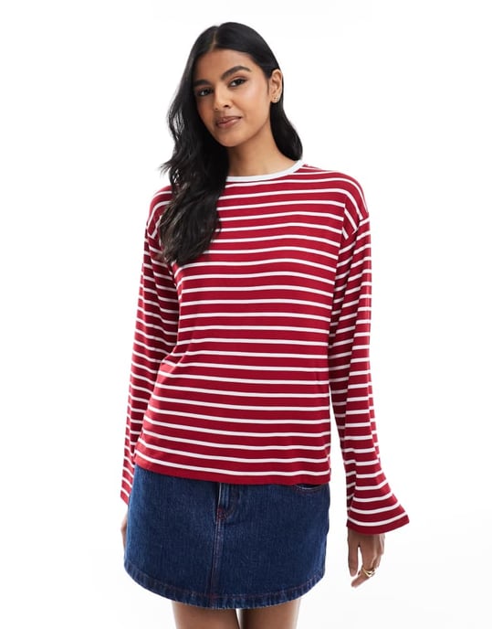 ASOS DESIGN long sleeve stripe contrast neck trim top in red - Image 2
