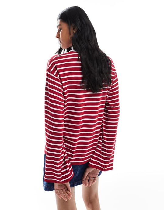 ASOS DESIGN long sleeve stripe contrast neck trim top in red - Image 4