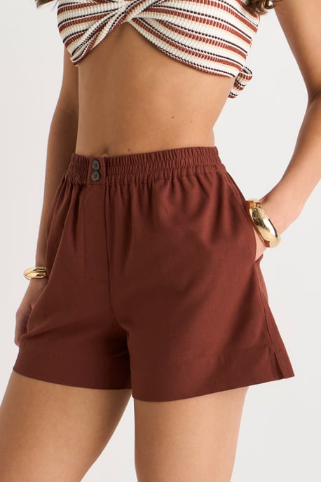Chocolate Linen Mix Elasticated Waist Shorts - Image 3