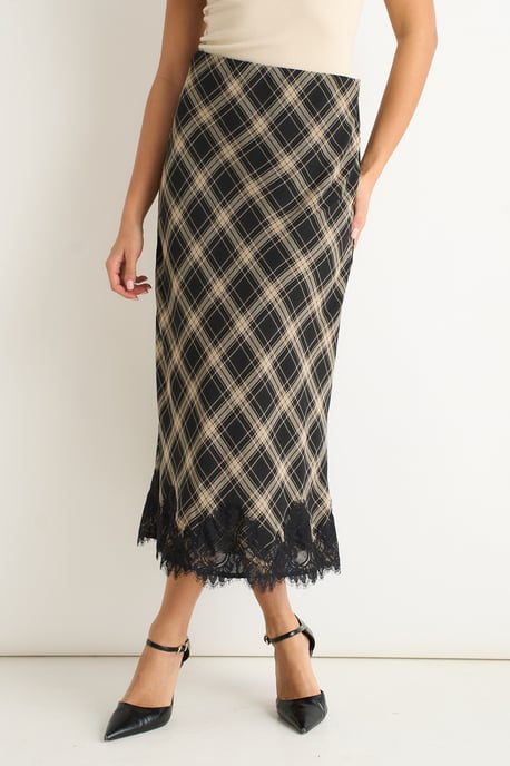 Mono Check Contrast Lace Bias Skirt - Image 2