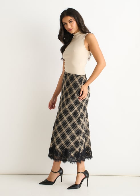 Mono Check Contrast Lace Bias Skirt - Image 3