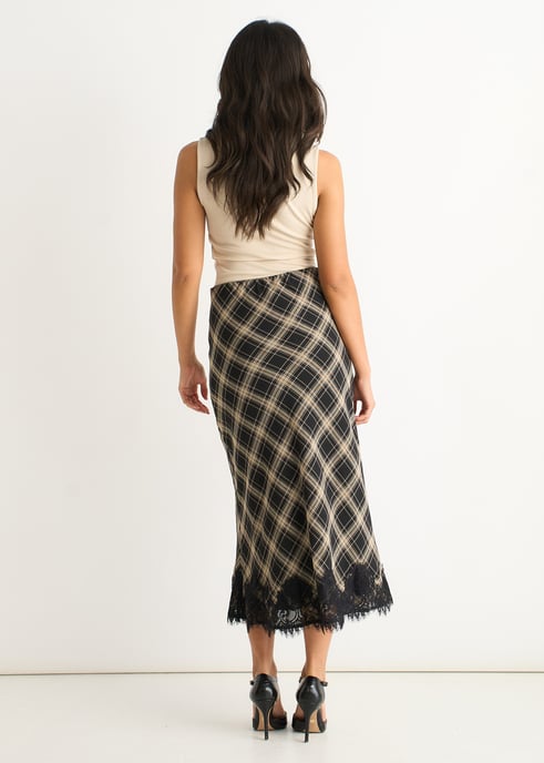 Mono Check Contrast Lace Bias Skirt - Image 4