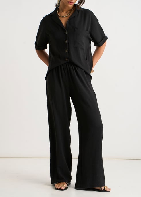Black Elastic Waist Wide Leg Trousers - Image 1