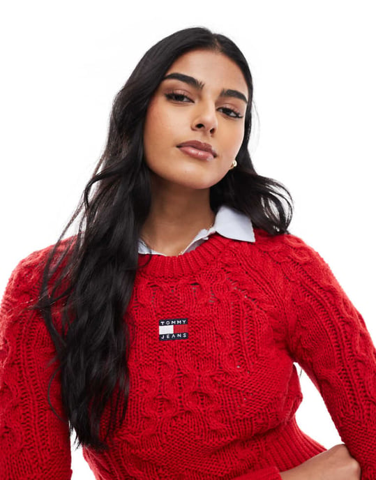 Tommy Jeans star cable knit jumper in bright red - Image 1