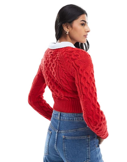 Tommy Jeans star cable knit jumper in bright red - Image 3