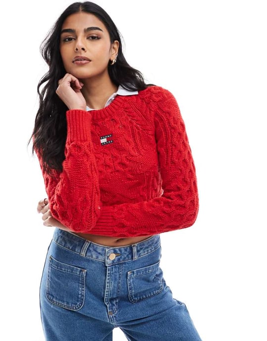 Tommy Jeans star cable knit jumper in bright red - Image 4