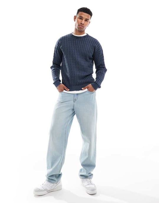 ASOS DESIGN relaxed washed knitted cable knit jumper in navy - Image 2