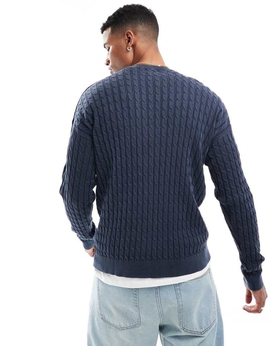 ASOS DESIGN relaxed washed knitted cable knit jumper in navy - Image 3