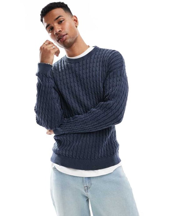 ASOS DESIGN relaxed washed knitted cable knit jumper in navy - Image 4