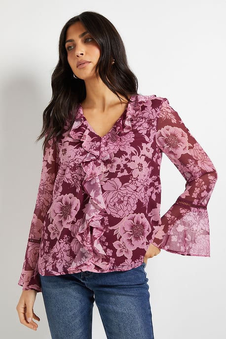 Floral Lace Trim Ruffle Blouse - Image 1