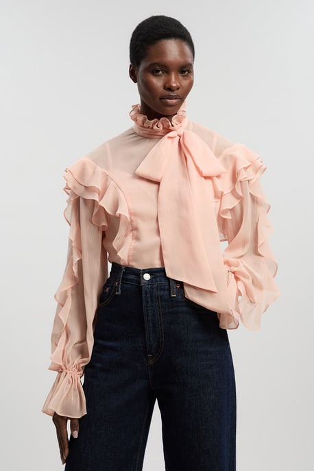 Ruffle Front Crinkle Georgette Pussy Bow Blouse - Image 1