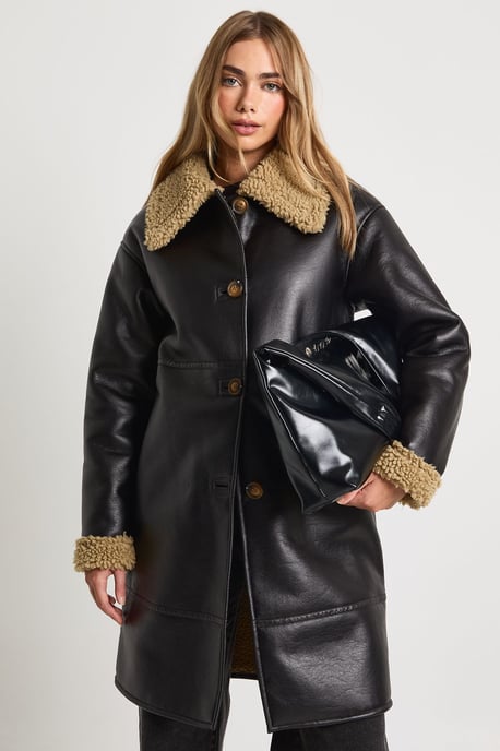 PU Longline Fur Trim Aviator Jacket - Image 1