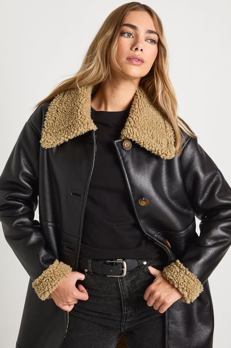 PU Longline Fur Trim Aviator Jacket - Image 4