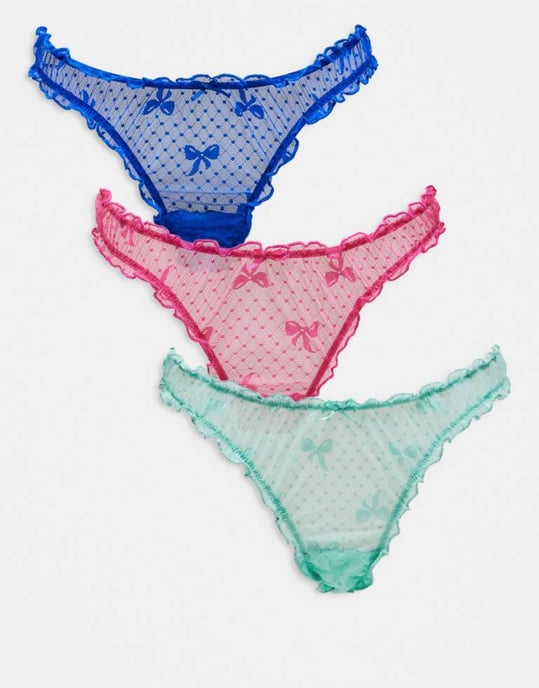 ASOS DESIGN 3 pack bow mesh scrunch thongs in pink, green & blue - Image 1