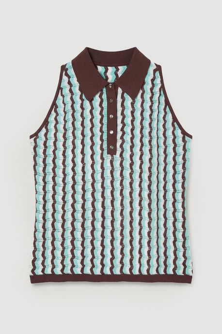 Plus Size Knit Contrast Collar Pointelle Sleeveless Midi Top - Image 2
