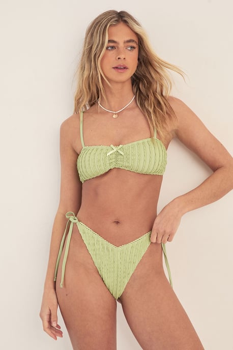 Textured Ruched Bow Trim Crop Tie Side Bikini Set - Image 2