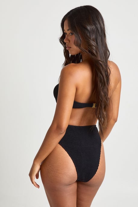 Gold Trim Detail Crinkle Bandeau Bikini Top & High Waist Bottoms - Image 2