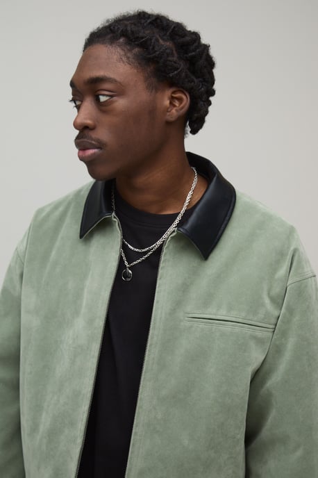 Oversized Boxy Contrast Collar Faux Suede Harrington Jacket - Image 3