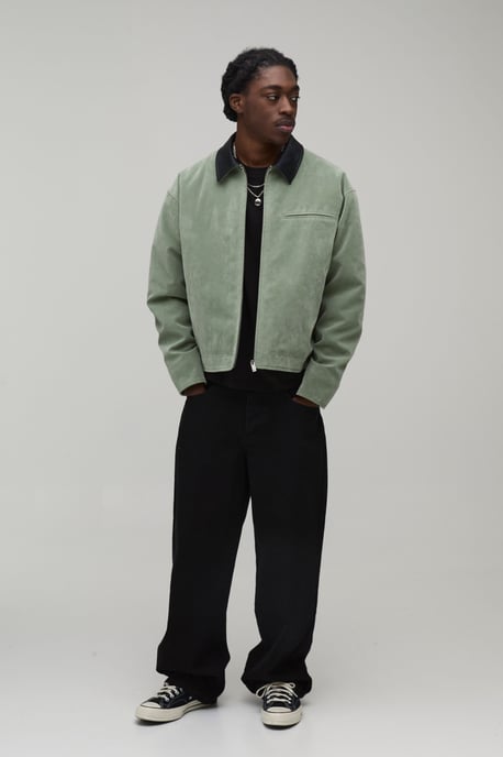Oversized Boxy Contrast Collar Faux Suede Harrington Jacket - Image 4