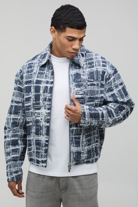 Boxy Fit Textured Jacquard Harrington Jacket - Image 1