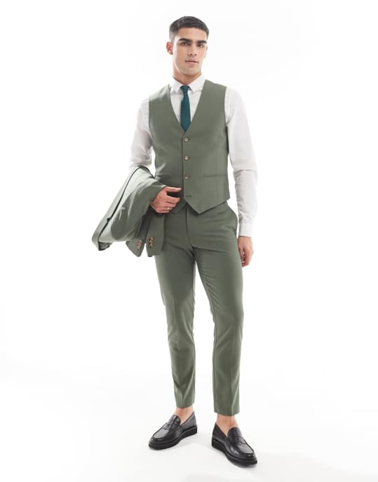 SOS DESIGN skinny suit waistcoat in khaki - Image 2