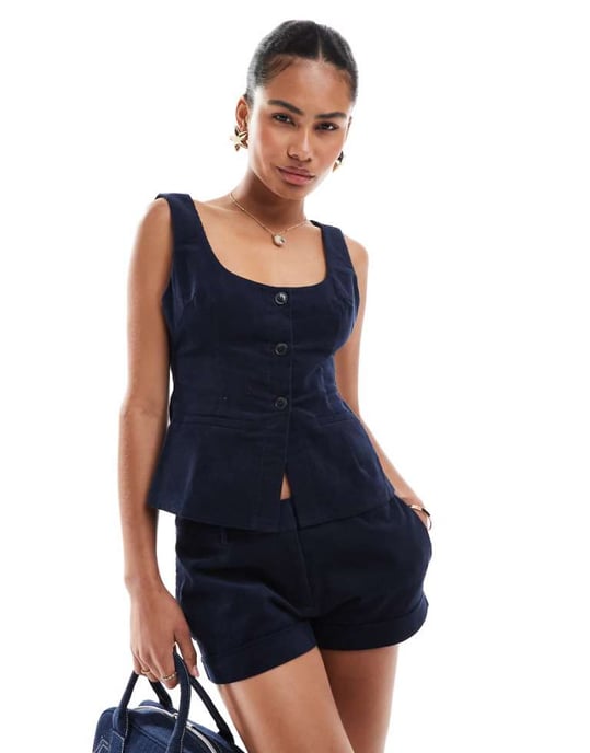 Motel ganita micro cord button through waistcoat top co-ord in navy - Image 1
