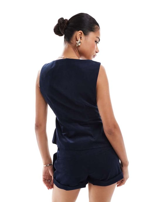 Motel ganita micro cord button through waistcoat top co-ord in navy - Image 3