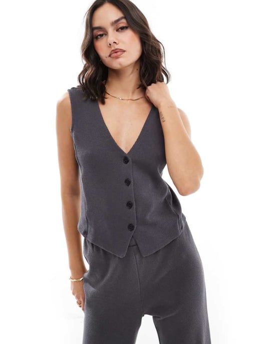 Pieces structured jersey waistcoat co-ord in magnet grey - Image 1