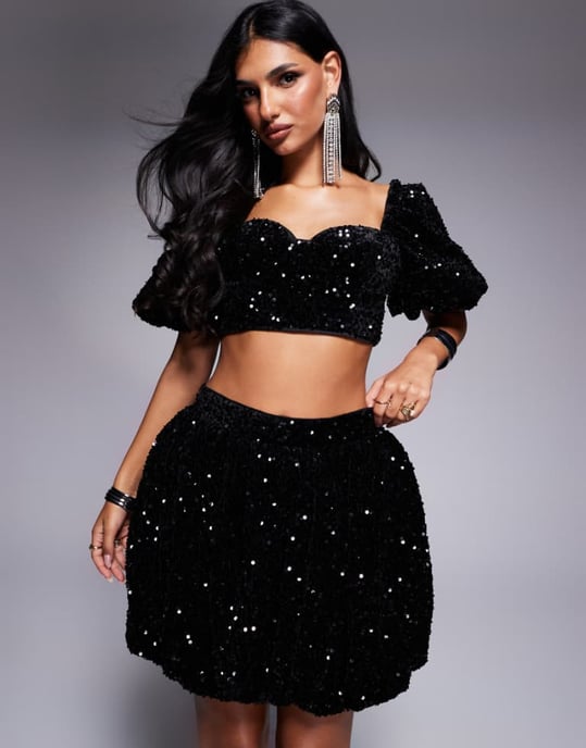 ASOS LUXE velvet embellished co-ord puff sleeve top in black sequin - Image 1
