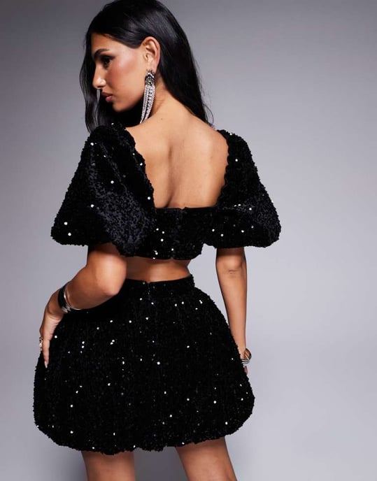 ASOS LUXE velvet embellished co-ord puff sleeve top in black sequin - Image 3