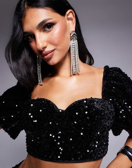 ASOS LUXE velvet embellished co-ord puff sleeve top in black sequin - Image 4