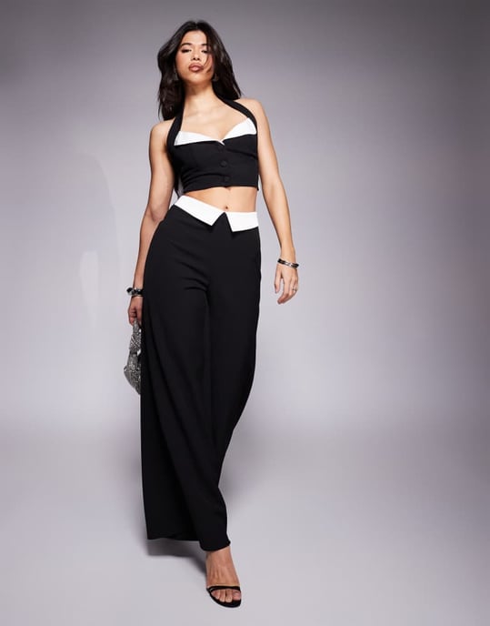ASOS LUXE co-ord satin contrast halter bralet with bow back in black - Image 2