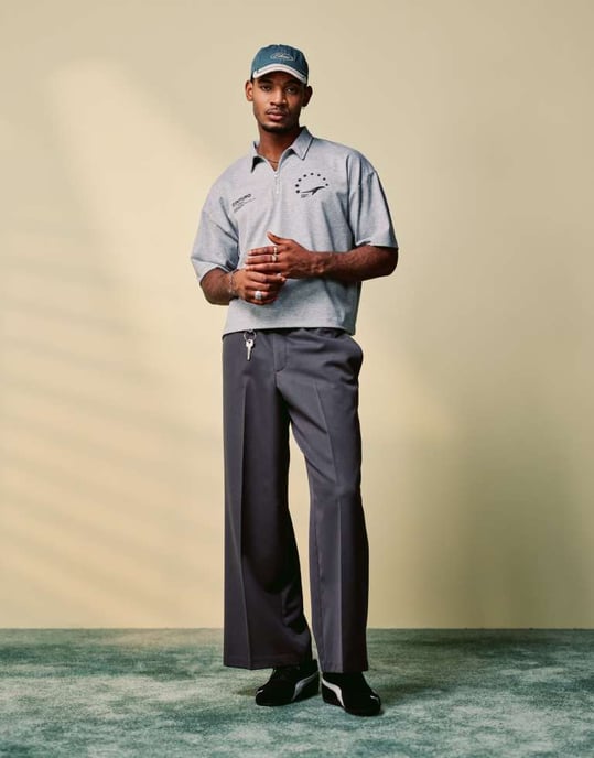 ASOS DESIGN boxy oversized zipped polo with sports graphic in grey marl rib - Image 3