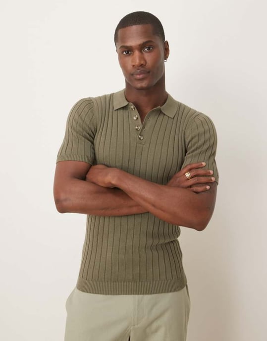 ASOS DESIGN muscle fit knitted rib polo t-shirt in khaki - Image 1