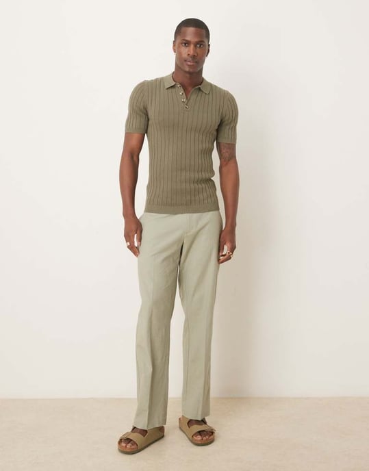 ASOS DESIGN muscle fit knitted rib polo t-shirt in khaki - Image 3