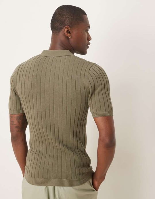 ASOS DESIGN muscle fit knitted rib polo t-shirt in khaki - Image 4