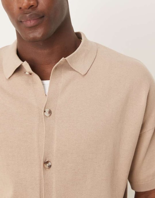 ASOS DESIGN relaxed lightweight knitted cotton button through polo in stone - Image 2