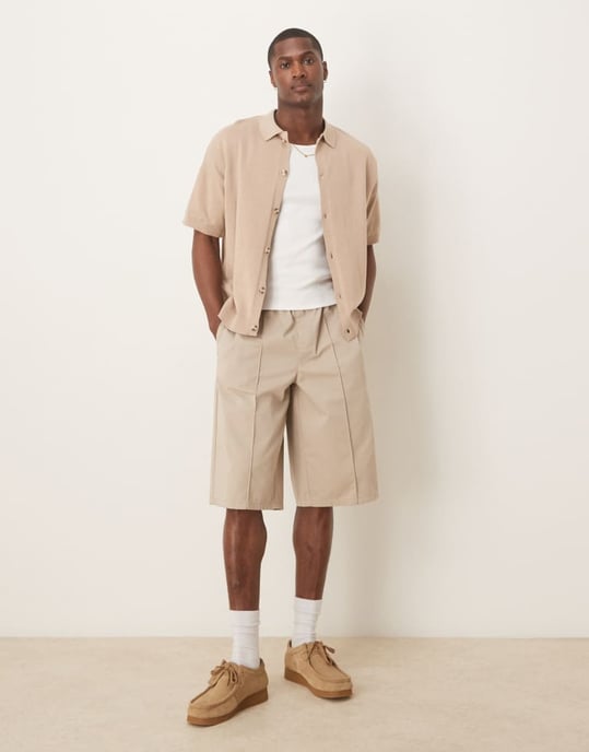 ASOS DESIGN relaxed lightweight knitted cotton button through polo in stone - Image 3
