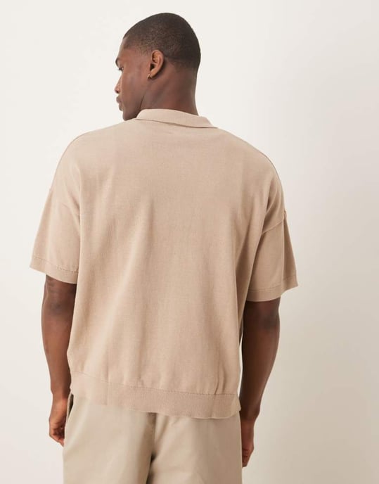 ASOS DESIGN relaxed lightweight knitted cotton button through polo in stone - Image 4