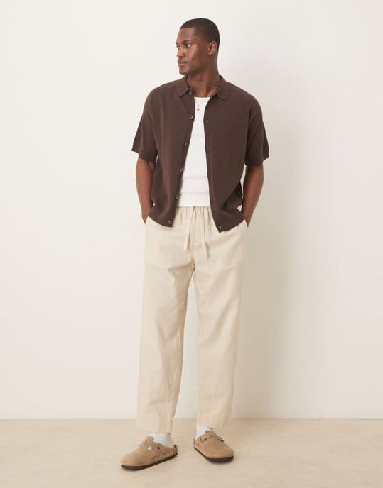 ASOS DESIGN relaxed lightweight knitted cotton button through polo in brown - Image 3