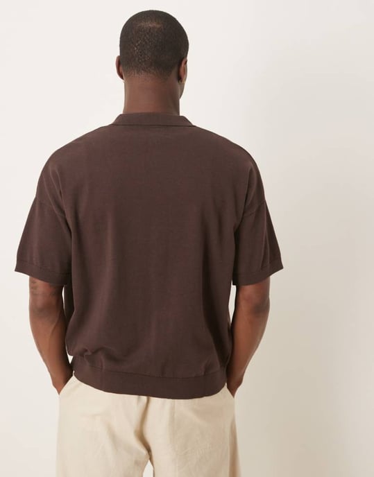ASOS DESIGN relaxed lightweight knitted cotton button through polo in brown - Image 4