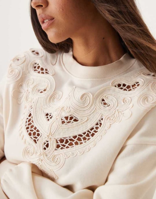 Miss Selfridge embroidery cut out detail sweatshirt in ecru - Image 2