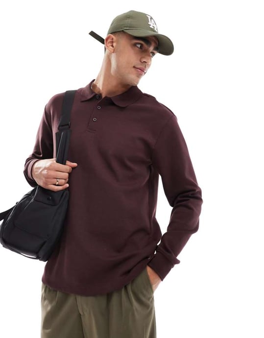 ONLY & SONS relaxed fit long sleeve polo sweater in burgundy - Image 1