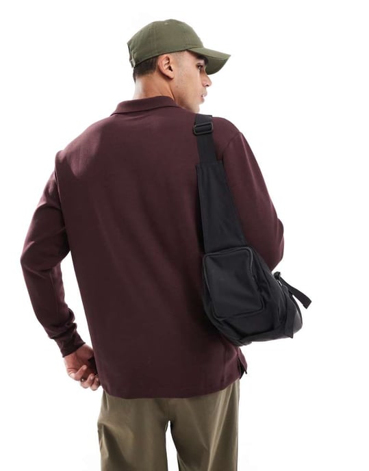 ONLY & SONS relaxed fit long sleeve polo sweater in burgundy - Image 4