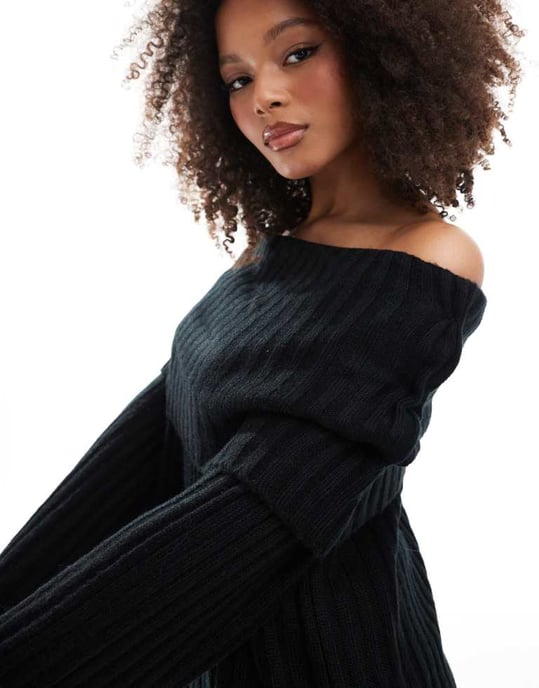 SNDYS rib knit foldover bardot jumper co-ord in black - Image 2