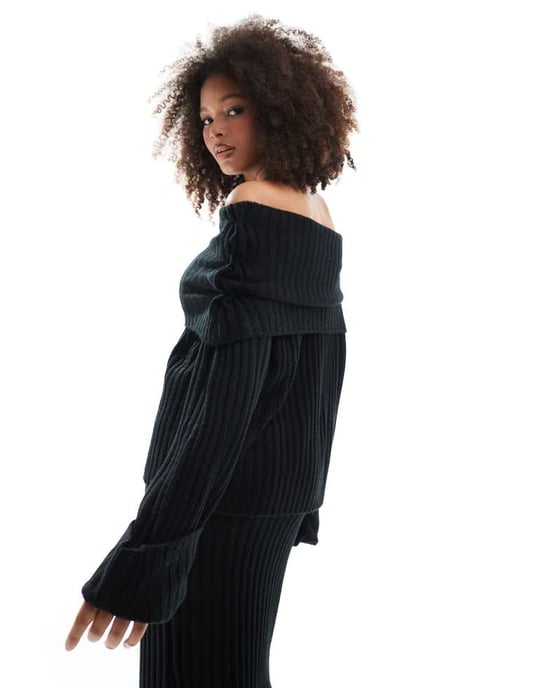SNDYS rib knit foldover bardot jumper co-ord in black - Image 3