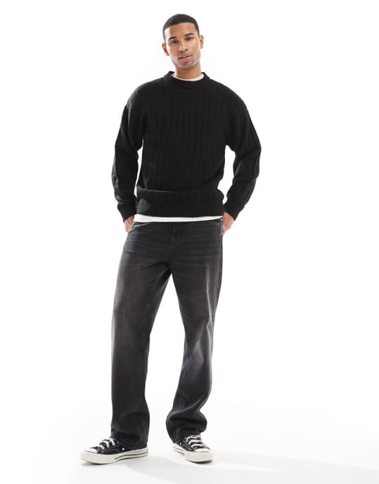 Jack & Jones oversized wide rib jumper in black - Image 2